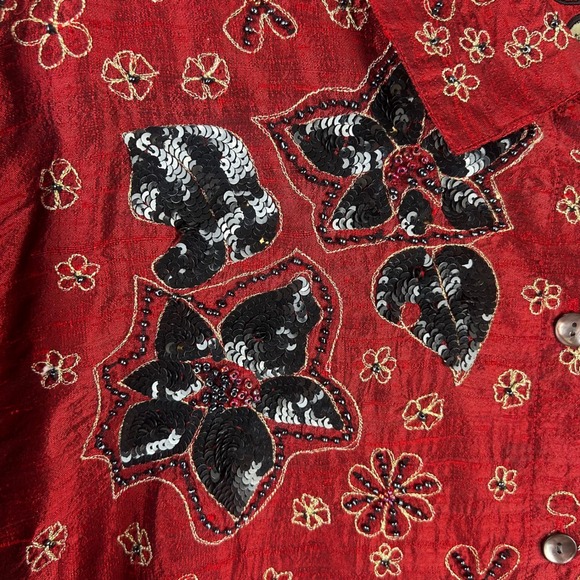 Chico's Silk Beaded Sequin Floral Blouse Shirt Red Size 3  XL Anniversary Collec - Picture 6 of 9